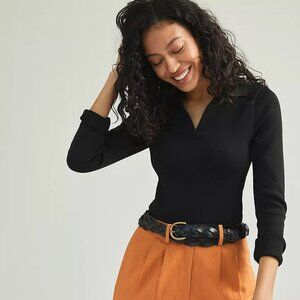 Anthropologie Arden Polo Collared Long-Sleeve Bodysuit Size S Black